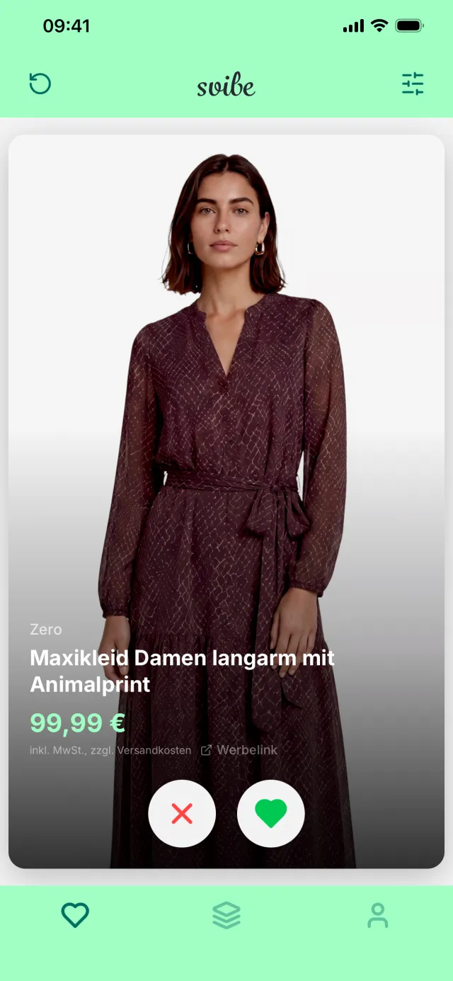 Screenshot der svibe-App: Swipe-Feed mit einer Artikelkarte, Merken- und Weiter-Knopf
