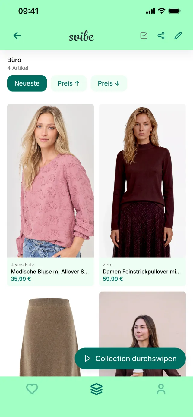 Screenshot der svibe-App: eine Collection mit gemerkten Artikeln