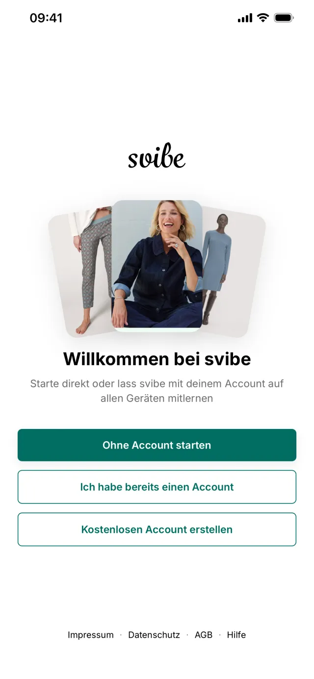 Screenshot der svibe-App: Startbildschirm mit „Ohne Account starten“